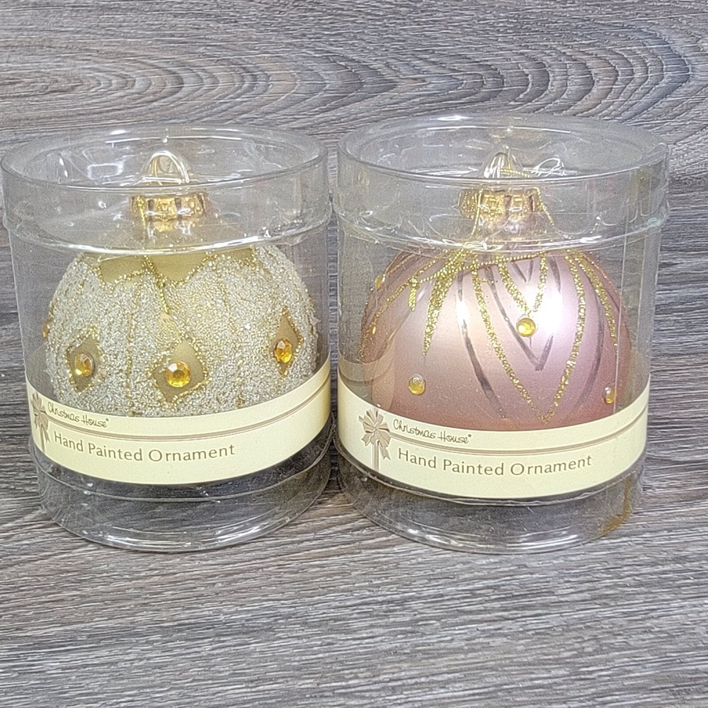 Christmas House and‎ Painted Ornaments Lot of Two Gold Pink Glitter Beaded New